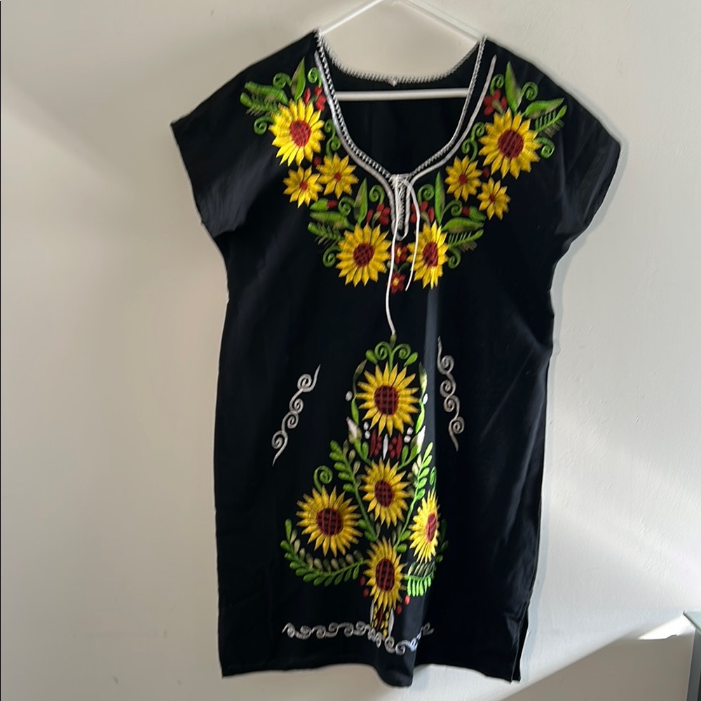 Mexican Sunflower Floral Embroidered Black Dress